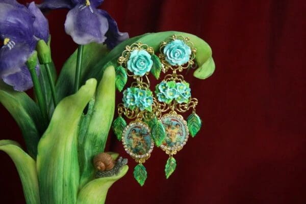 SOLD! 2788 Stunning DangleHand Painted Leaf Flower Cherub Earrings - Image 4