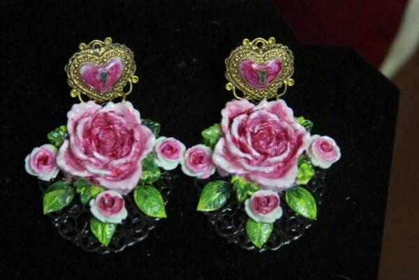 SOLD! 2795 Total Baroque Hand Painted Massive Roses Heart Studs Earrings - Image 9