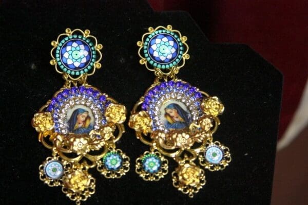 SOLD! 2796 Virgin Mary Massive Blue Crystal Cameo Roses Studs Earrings - Image 6