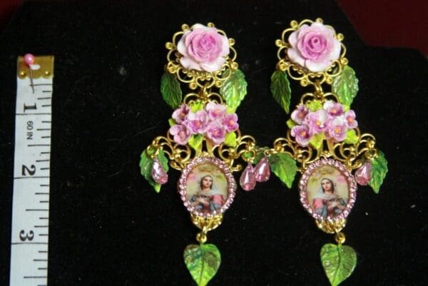 SOLD! 2798 Virgin Mary Hand Painted Flower Dangle LEaf Stunning Earrings - Image 6