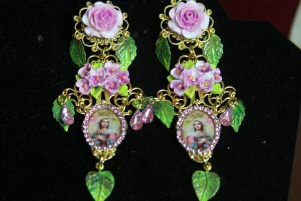 SOLD! 2798 Virgin Mary Hand Painted Flower Dangle LEaf Stunning Earrings - Image 7