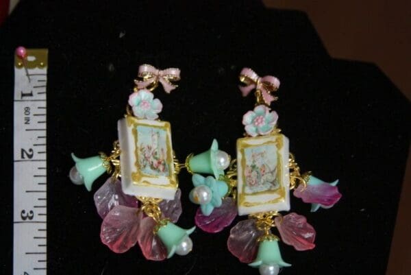 SOLD! 2800 Candy Victorian Cherubs Paint Bow Dangle Flower Earrings - Image 7