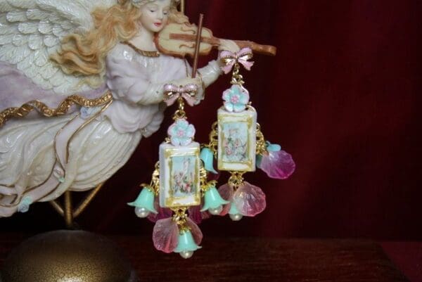 SOLD! 2800 Candy Victorian Cherubs Paint Bow Dangle Flower Earrings - Image 8