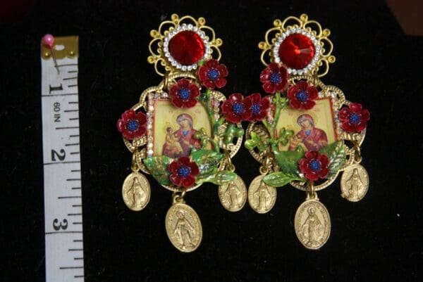 SOLD! 2802 Virgin Mary Hand Painted Flowers Coin Crystal Studs - Image 5