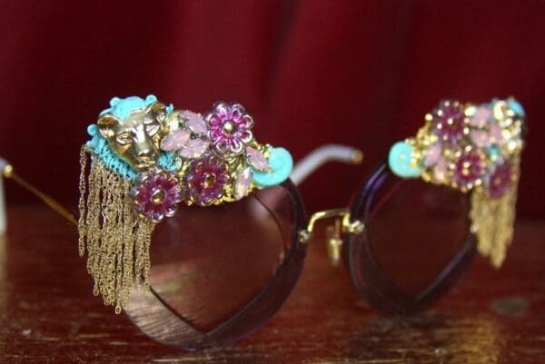 SOLD! 2803 Unusual Heart Shape Lion Chain Flower Embellished Sunglasses - Image 2