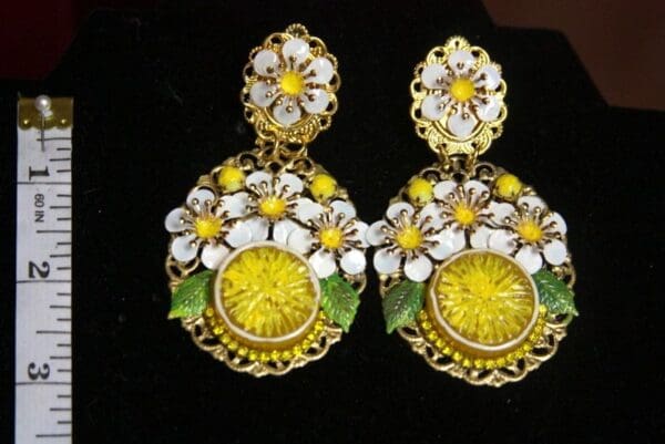 SOLD! 2817 Silian Lemon Hand Painted Flowers Gold filigree Earrings - Image 7