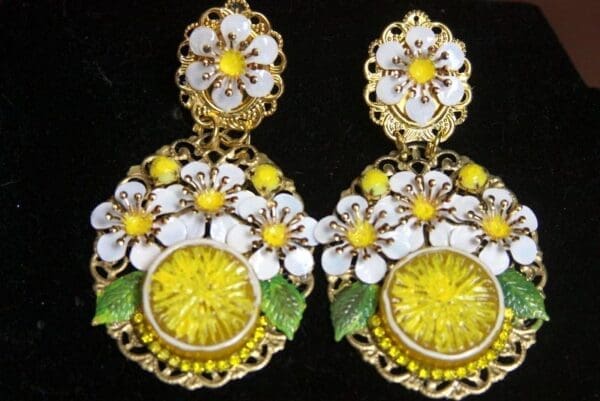 SOLD! 2817 Silian Lemon Hand Painted Flowers Gold filigree Earrings - Image 8