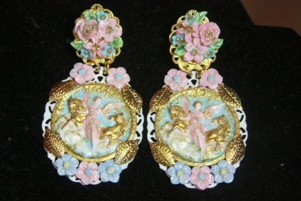 SOLD! 2820 Hand Painted Victoran Goddess Horses Flower Studs Earrings - Image 7