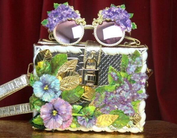 SOLD! 2821 Hand Painted Flowers Lilac Gold Snake Skin Trunk Handbag