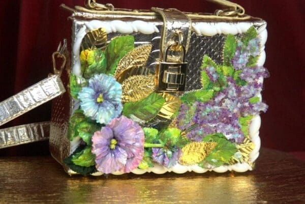 SOLD! 2821 Hand Painted Flowers Lilac Gold Snake Skin Trunk Handbag - Image 2