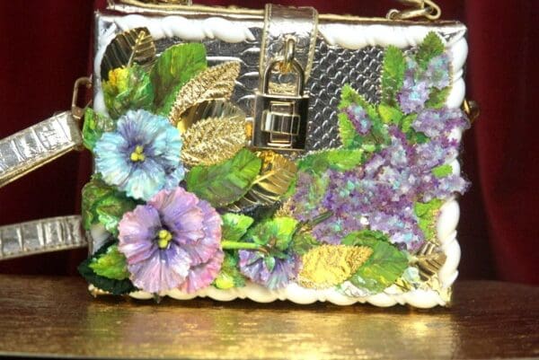 SOLD! 2821 Hand Painted Flowers Lilac Gold Snake Skin Trunk Handbag - Image 3