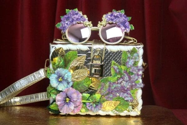 SOLD! 2821 Hand Painted Flowers Lilac Gold Snake Skin Trunk Handbag - Image 4