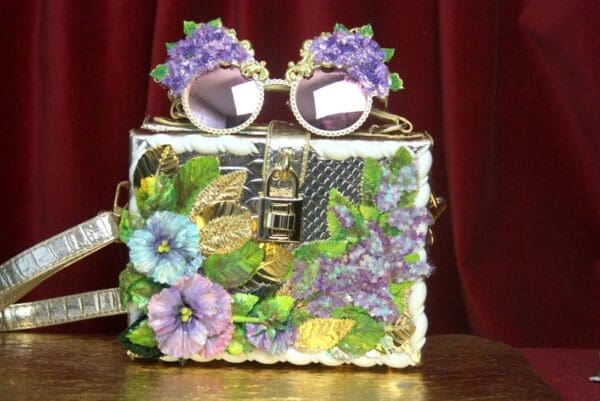 SOLD! 2821 Hand Painted Flowers Lilac Gold Snake Skin Trunk Handbag - Image 5