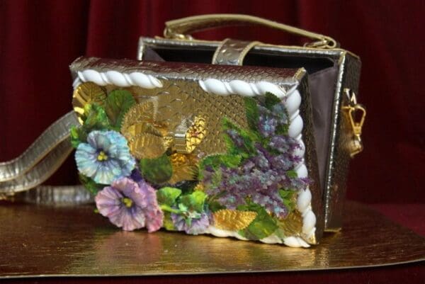 SOLD! 2821 Hand Painted Flowers Lilac Gold Snake Skin Trunk Handbag - Image 6