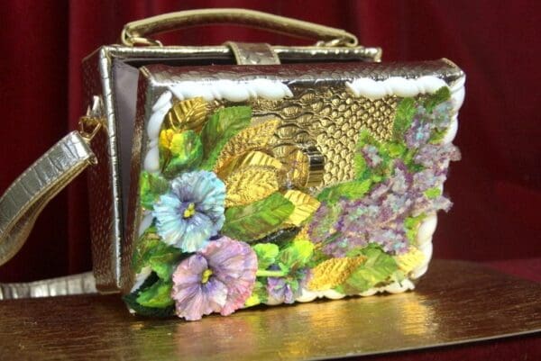 SOLD! 2821 Hand Painted Flowers Lilac Gold Snake Skin Trunk Handbag - Image 7