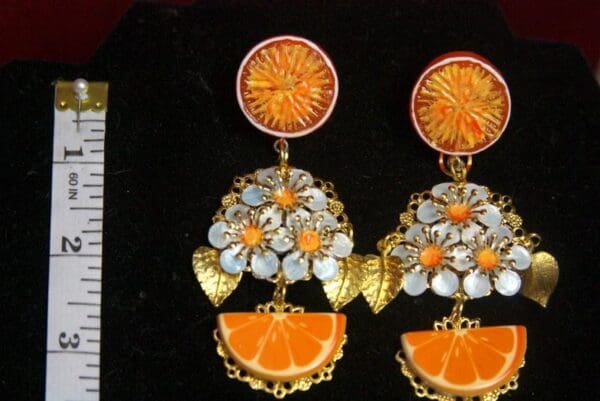 SOLD! 2830 Sicilian Orange Fruit Hand Painted Flower Leaf Earrings Studs - Image 7