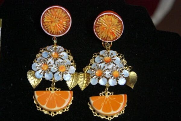 SOLD! 2830 Sicilian Orange Fruit Hand Painted Flower Leaf Earrings Studs - Image 8