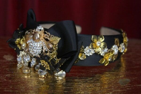 SOLD! 2833 Total Baroque Crystal Bee Bow Gold Flower Headband - Image 2