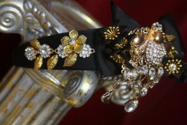 SOLD! 2833 Total Baroque Crystal Bee Bow Gold Flower Headband - Image 6