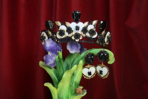 SOLD! 2839 Set Of Baroque Heart Black Rose Crystal Black Crown+ Earrings - Image 2
