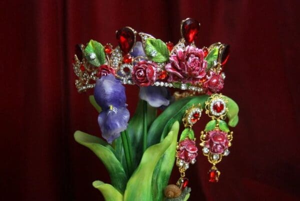 SOLD! 2840 Set OF Baroque Hand Painted Roses Leaf Red Crystal Crown+ Earrings - Image 3