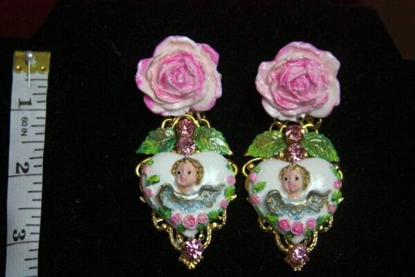 SOLD! 3483 Total Baroque Faced Hand Painted Rose Cherubs Angel Studs Earrings - Image 9