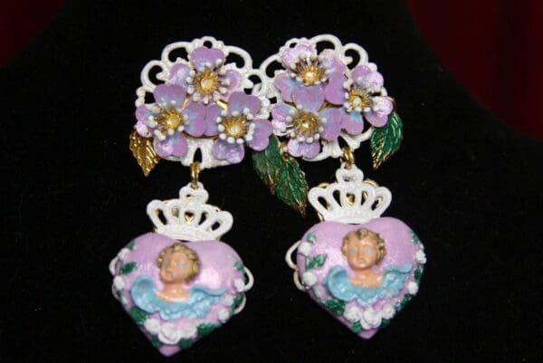 SOLD! 2853 Lavender Hand Painted Crown Flower Heart Earrings Studs - Image 3