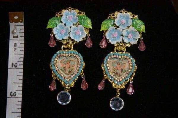 SOLD! 2857 Victorian Cherub Putti Hand Painted Aqua Flower Studs Earrings - Image 6