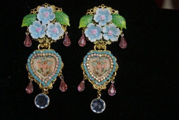 SOLD! 2857 Victorian Cherub Putti Hand Painted Aqua Flower Studs Earrings - Image 7