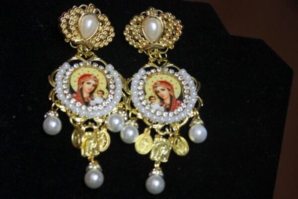SOLD! 2859 Virgin Mary Massive Pearl Crown Studa Earrings - Image 7