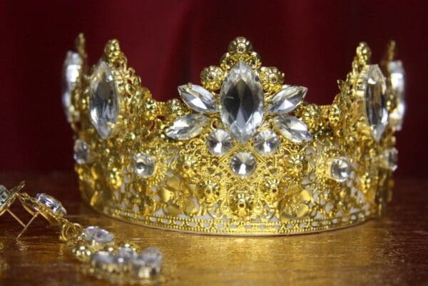 SOLD! 2612 Set Of Baroque Gold Filigree Clear Crystal Crown+ Earrings