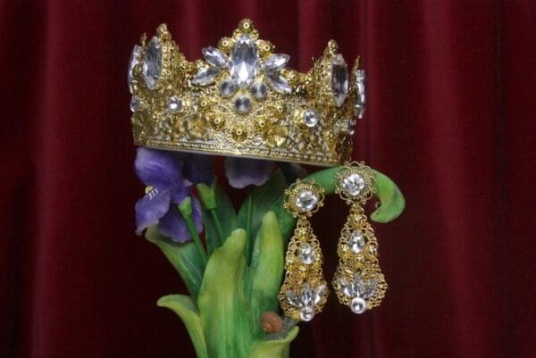 SOLD! 2612 Set Of Baroque Gold Filigree Clear Crystal Crown+ Earrings - Image 2
