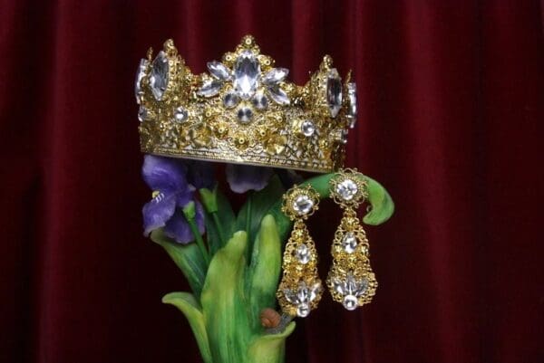 SOLD! 2612 Set Of Baroque Gold Filigree Clear Crystal Crown+ Earrings - Image 3