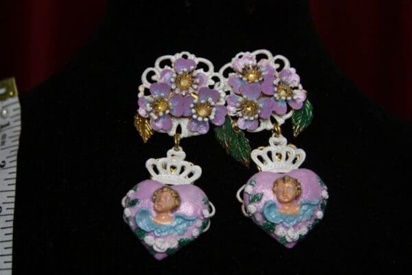 SOLD! 2869 Lavender Heart Victorian Cherub Putti Hand Painted Flower Crown Earrings - Image 4