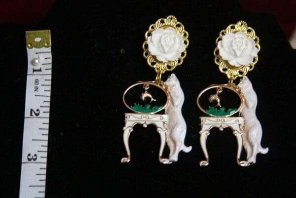 SOLD! 2901 Unusual Baroque White Enamel Victoran Cat Fish Earrings - Image 6