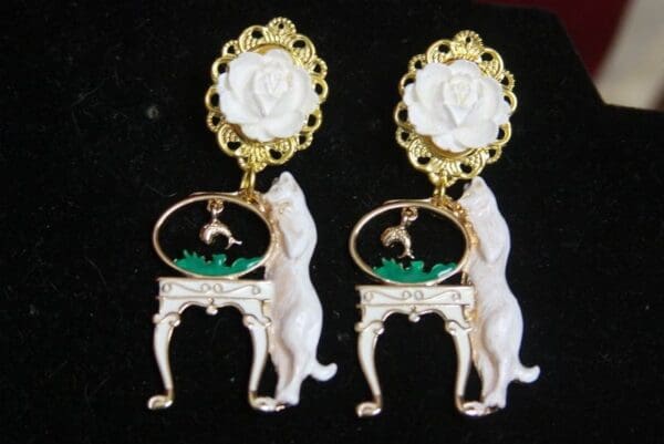 SOLD! 2901 Unusual Baroque White Enamel Victoran Cat Fish Earrings - Image 7