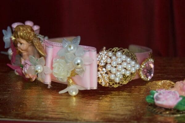 SOLD! 2909 Stunning Hand Painted HCerub Putti BAroque Pink Headband - Image 8