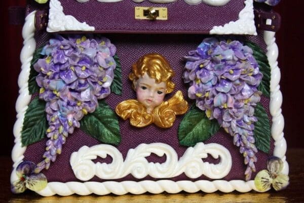 SOLD! 2918 Stunning Baroque Genuine Leather Vivid Hand Painted Cherub Putti Lilac Handbag - Image 5