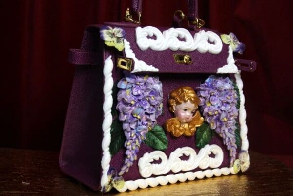 SOLD! 2918 Stunning Baroque Genuine Leather Vivid Hand Painted Cherub Putti Lilac Handbag - Image 6