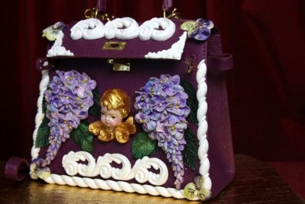 SOLD! 2918 Stunning Baroque Genuine Leather Vivid Hand Painted Cherub Putti Lilac Handbag - Image 8