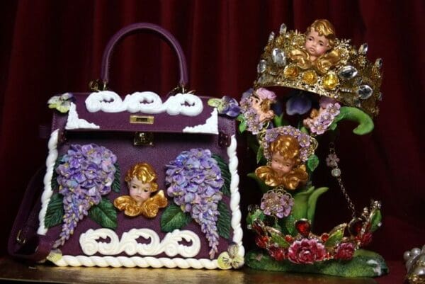 SOLD! 2918 Stunning Baroque Genuine Leather Vivid Hand Painted Cherub Putti Lilac Handbag - Image 2