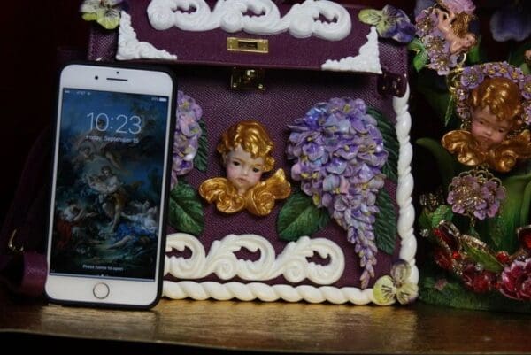 SOLD! 2918 Stunning Baroque Genuine Leather Vivid Hand Painted Cherub Putti Lilac Handbag - Image 9