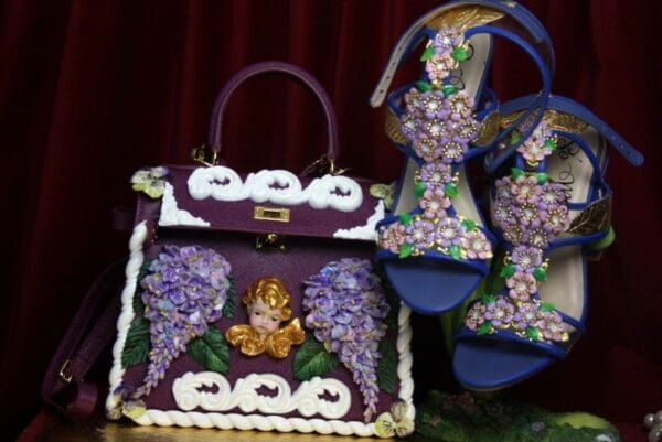 SOLD! 2918 Stunning Baroque Genuine Leather Vivid Hand Painted Cherub Putti Lilac Handbag - Image 10