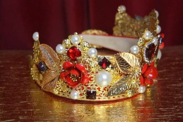 SOLD! 2927 Baroque Red Metal Rose Leaf Pearl Headband - Image 3