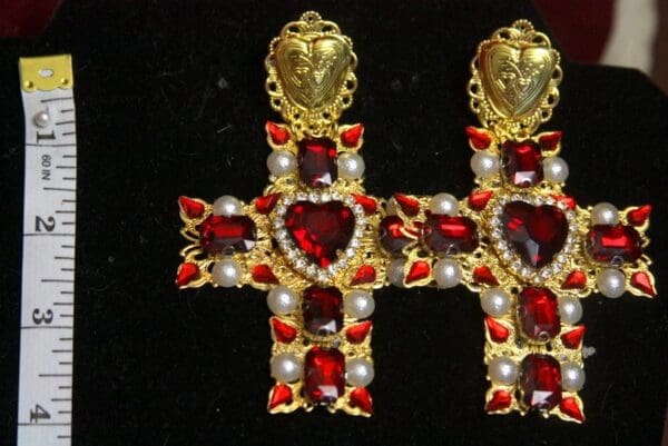 SOLD! 2934 Alta Moda Fall 2016 Baroque Huge Filigree Red Crystal Cross Studs - Image 5