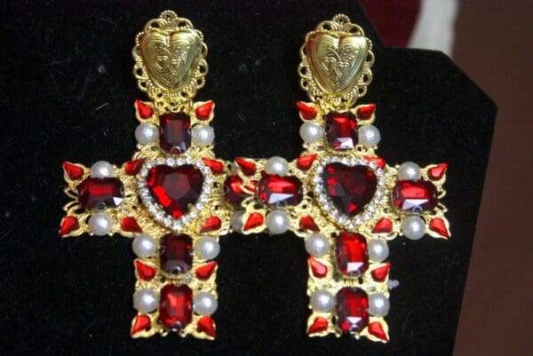 SOLD! 2934 Alta Moda Fall 2016 Baroque Huge Filigree Red Crystal Cross Studs - Image 6