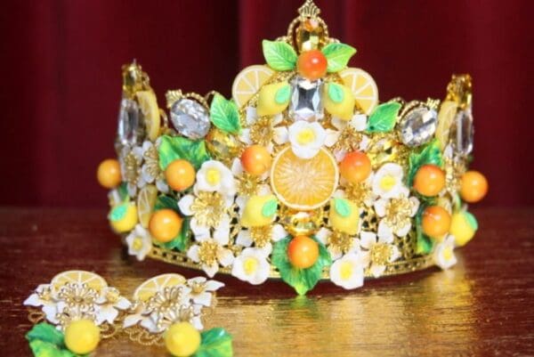 SOLD! 2941 Set Of Lemon Orange Fruit Crown HEadband Plus Earrings - Image 4