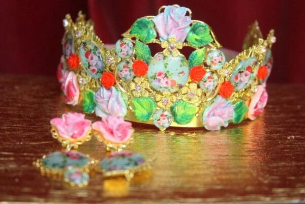 SOLD! 2943 Victorian Cameo Flower Hand Painted Set Headband+ Earrings - Image 2