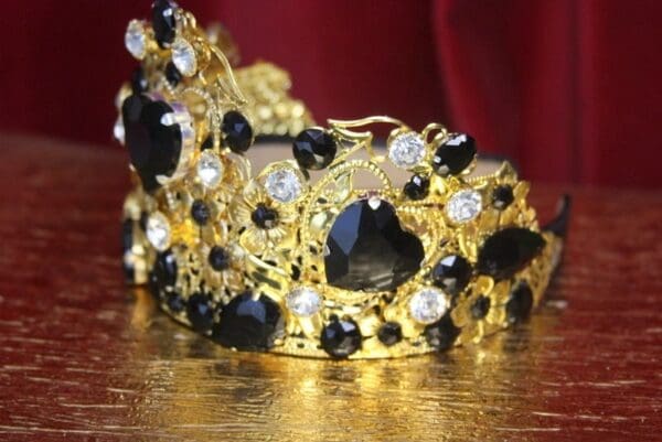 SOLD! 2945 Baroque Black Heart Crystal Flower Tall HEadband Crown - Image 3