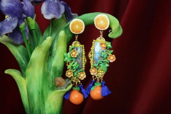 SOLD! 2952 Sicilian Tile Taormina Print Orange Fruit Tassel Studs Earrings - Image 9